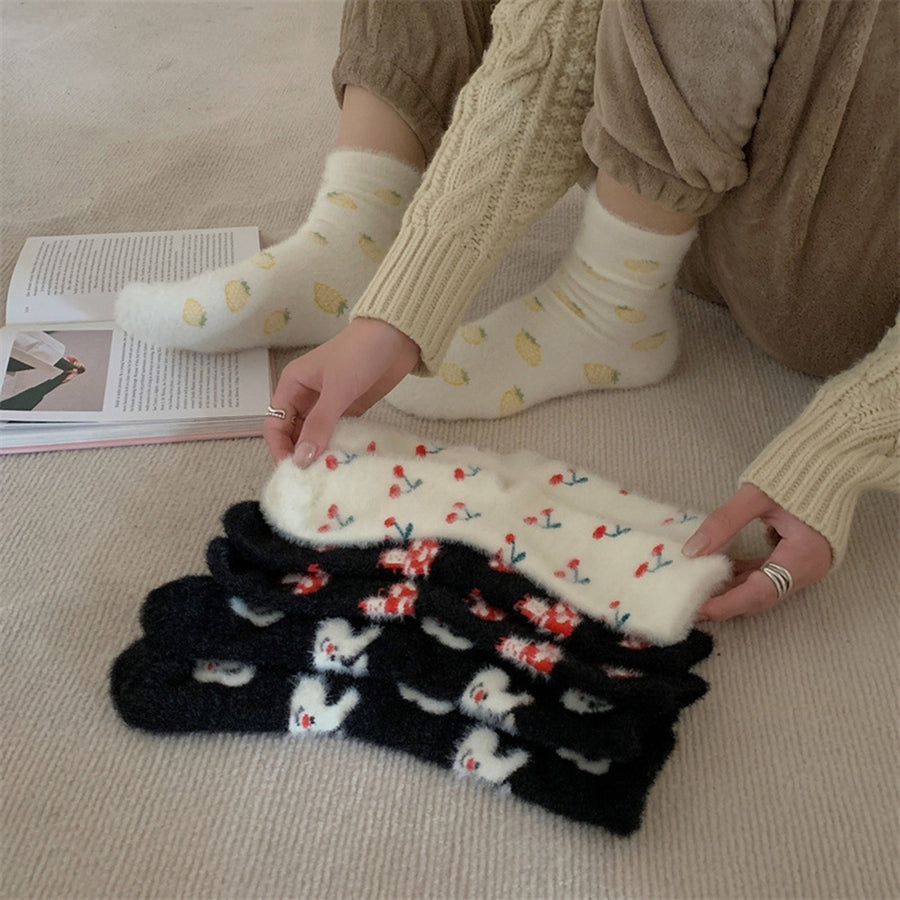 1 Pair Creative Autumn Winter Women Socks Thickened Imitation Mink Velvet Mid-tube Socks Cartoon Rabbit Cherry Fruit Image 1