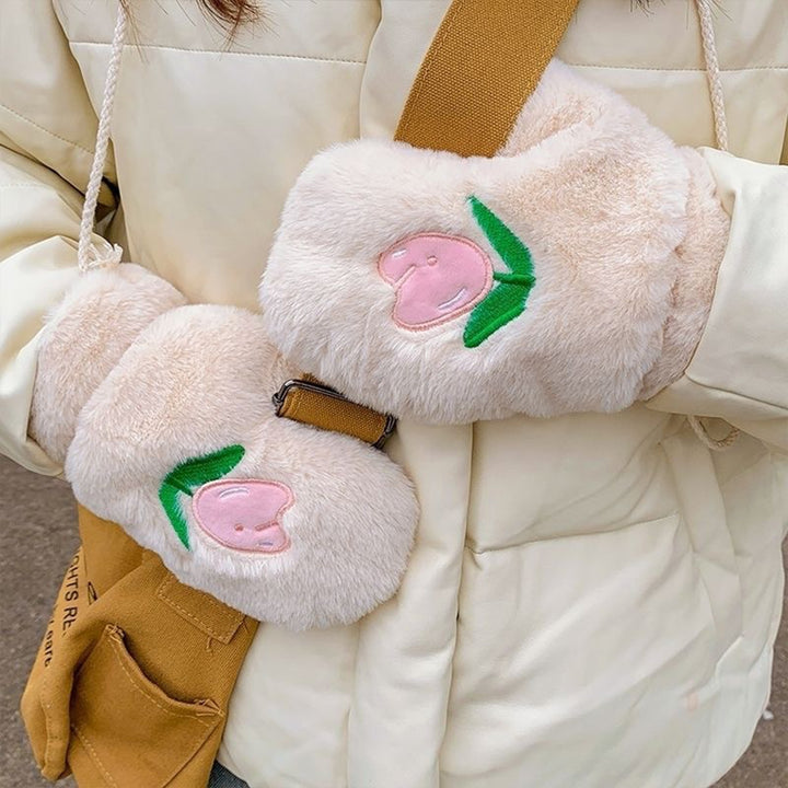 1 Pair Women Autumn Winter Plush Gloves Cute Embroidery Tulip Flower Pattern Thickened Coldproof Halter Warm Mittens Image 6