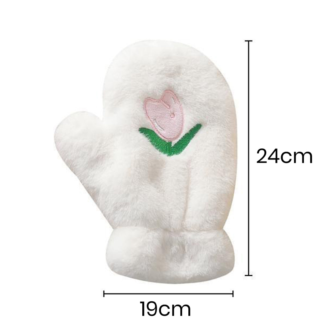 1 Pair Women Autumn Winter Plush Gloves Cute Embroidery Tulip Flower Pattern Thickened Coldproof Halter Warm Mittens Image 7