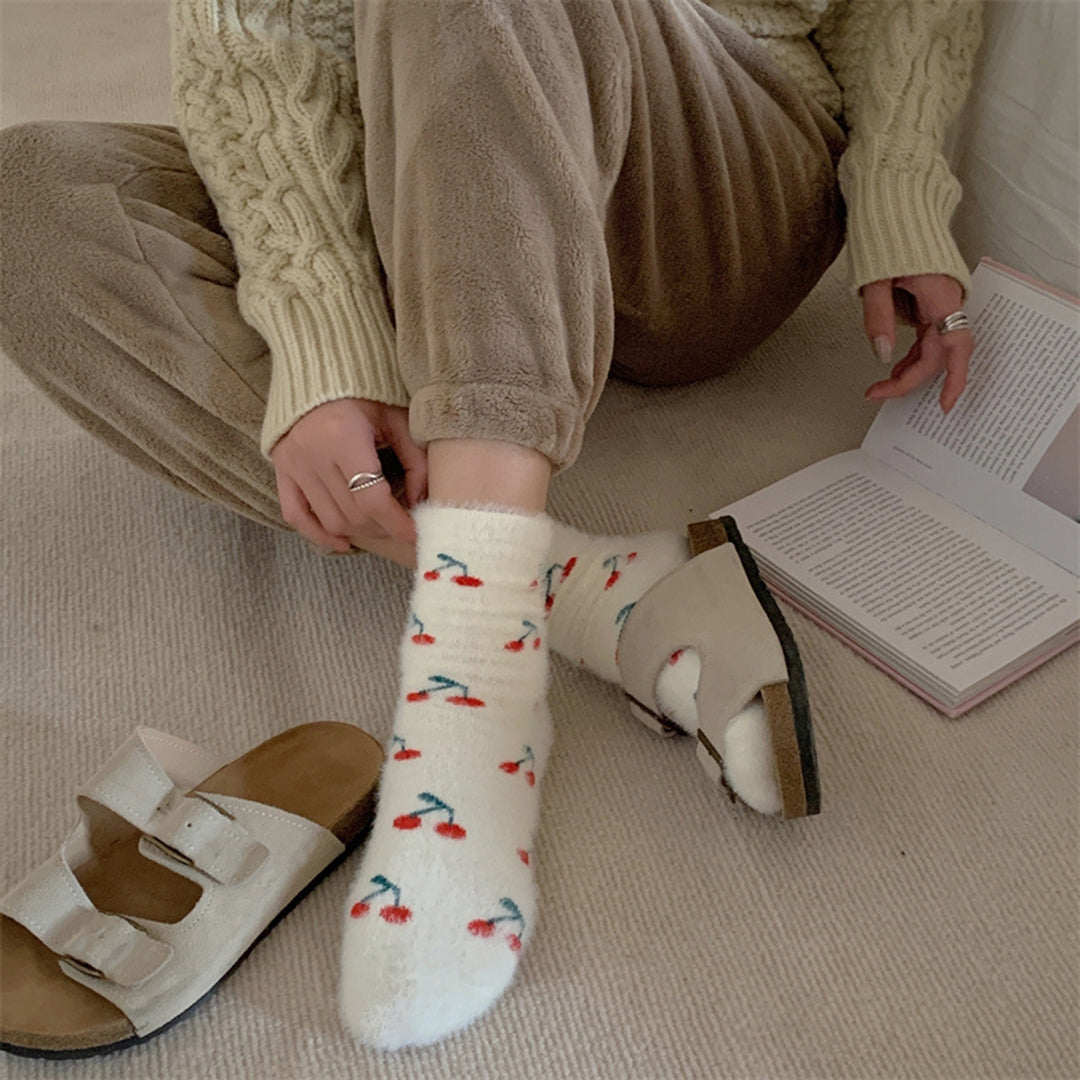 1 Pair Creative Autumn Winter Women Socks Thickened Imitation Mink Velvet Mid-tube Socks Cartoon Rabbit Cherry Fruit Image 7
