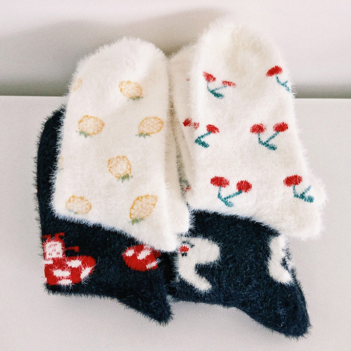 1 Pair Creative Autumn Winter Women Socks Thickened Imitation Mink Velvet Mid-tube Socks Cartoon Rabbit Cherry Fruit Image 8
