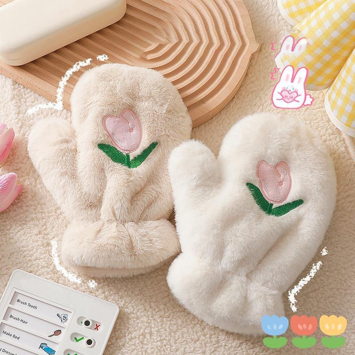 1 Pair Women Autumn Winter Plush Gloves Cute Embroidery Tulip Flower Pattern Thickened Coldproof Halter Warm Mittens Image 9