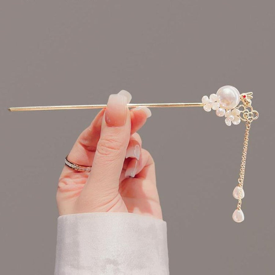 Hairpin Cute Bunny Design with Elegant Tassel Faux Pearl Decoration Fashionable Ancient Style Jade Rabbit Hairpin Image 1
