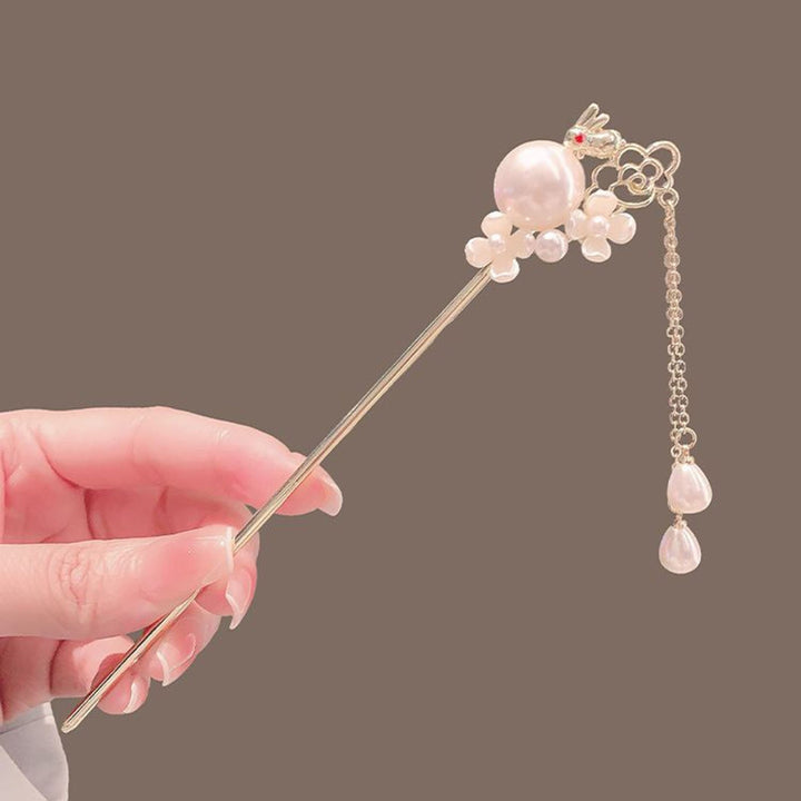 Hairpin Cute Bunny Design with Elegant Tassel Faux Pearl Decoration Fashionable Ancient Style Jade Rabbit Hairpin Image 3