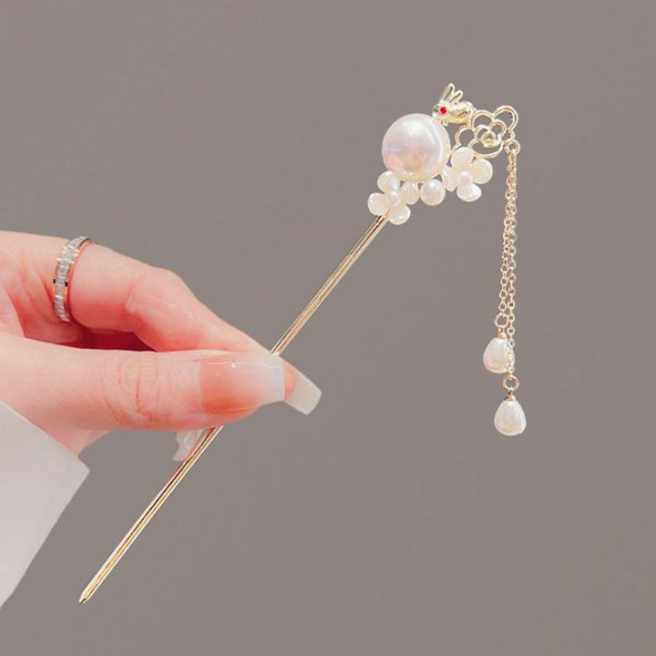 Hairpin Cute Bunny Design with Elegant Tassel Faux Pearl Decoration Fashionable Ancient Style Jade Rabbit Hairpin Image 7