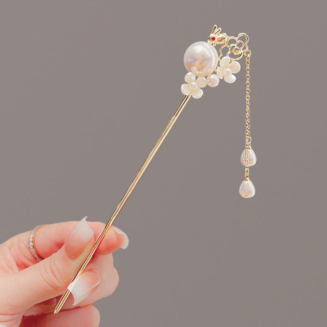 Hairpin Cute Bunny Design with Elegant Tassel Faux Pearl Decoration Fashionable Ancient Style Jade Rabbit Hairpin Image 8