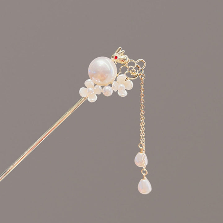 Hairpin Cute Bunny Design with Elegant Tassel Faux Pearl Decoration Fashionable Ancient Style Jade Rabbit Hairpin Image 10