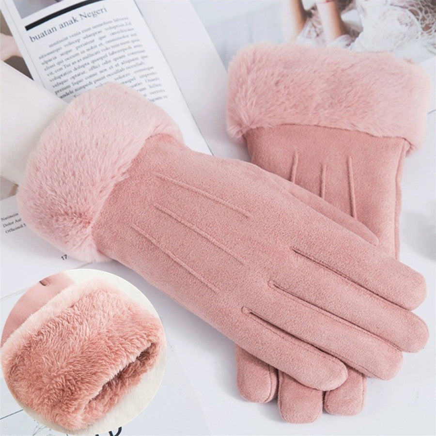 1 Pair Women Winter Gloves Color Matching Elastic Anti-slip Thick Plush Soft Warm Fiver Fingers Image 1