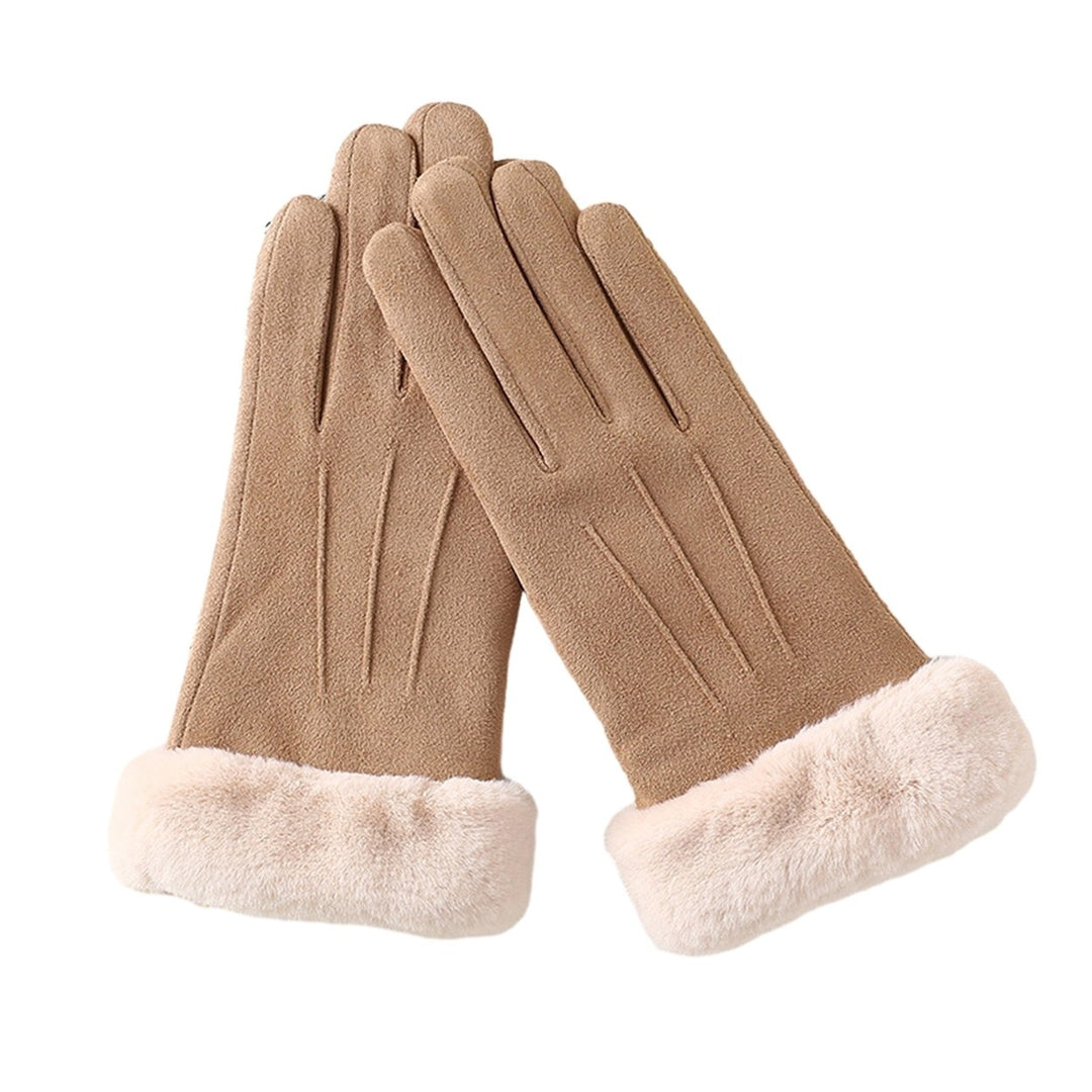 1 Pair Women Winter Gloves Color Matching Elastic Anti-slip Thick Plush Soft Warm Fiver Fingers Image 1