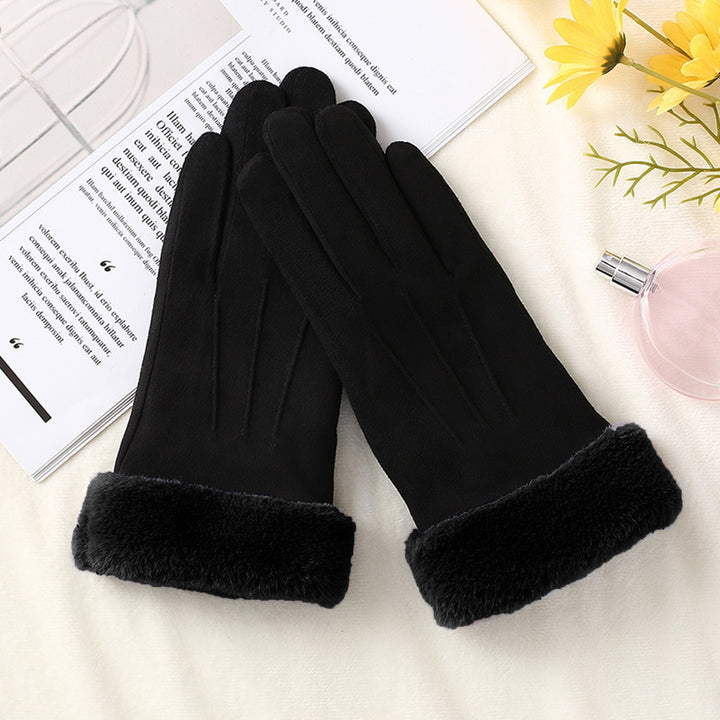 1 Pair Women Winter Gloves Color Matching Elastic Anti-slip Thick Plush Soft Warm Fiver Fingers Image 4