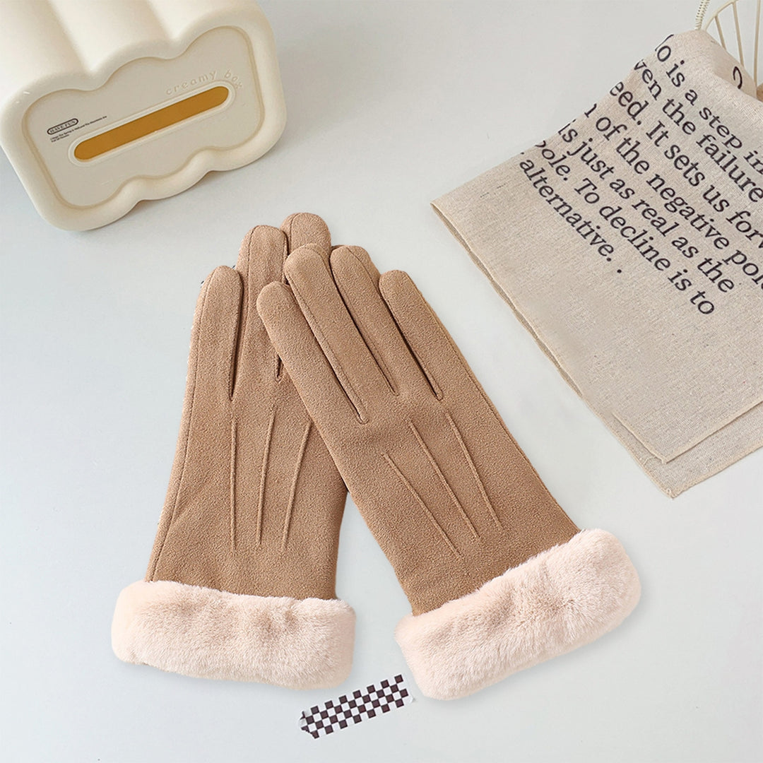 1 Pair Women Winter Gloves Color Matching Elastic Anti-slip Thick Plush Soft Warm Fiver Fingers Image 6