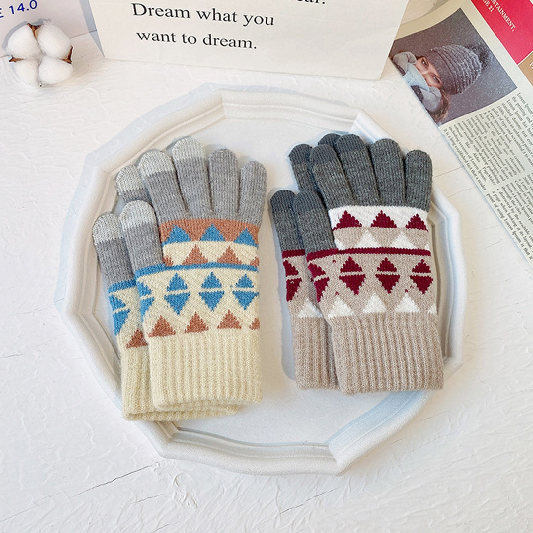 1 Pair Women Winter Gloves Windproof Soft Plush Touch Screen Color Matchiing Grometric Print Knitted Image 9