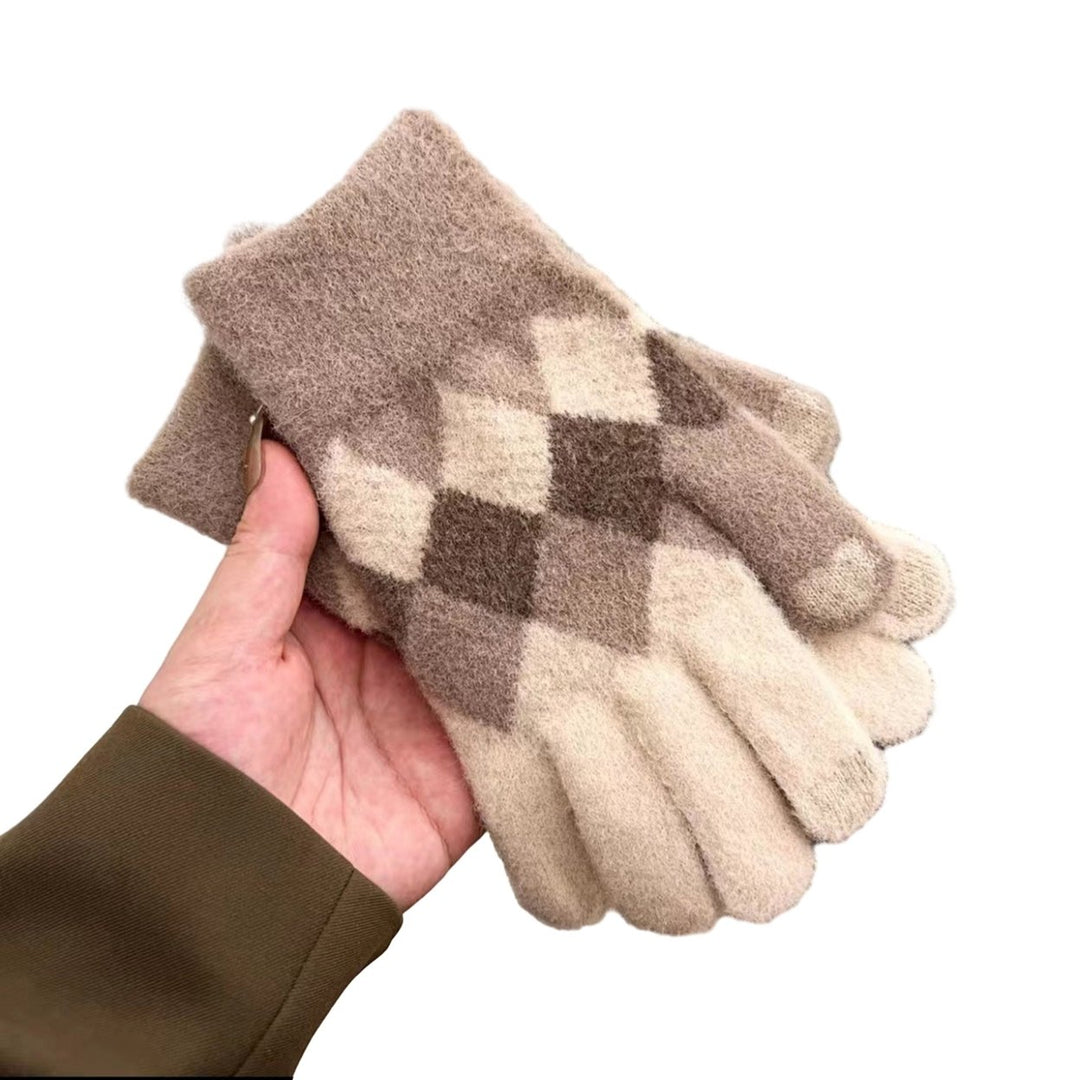 1 Pair Women Winter Gloves Color Matching Elastic Thick Soft Warm Fiver Fingers Windproof Warm Touch Image 1