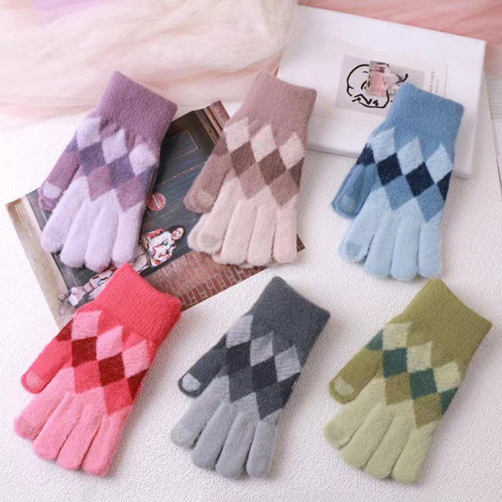 1 Pair Women Winter Gloves Color Matching Elastic Thick Soft Warm Fiver Fingers Windproof Warm Touch Image 8