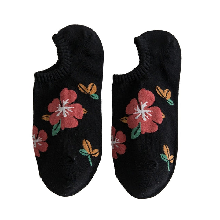 1 Pair Women Socks Low-cut Flower Print Shallow Mouth No Odor Sweat Absorption Thin Invisible Boat Socks Elastic Image 1