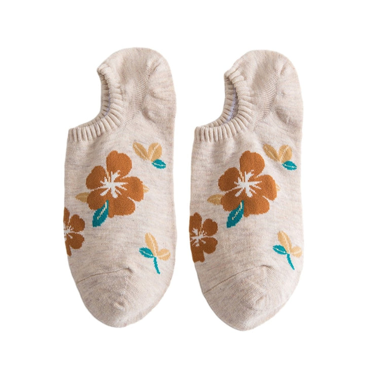 1 Pair Women Socks Low-cut Flower Print Shallow Mouth No Odor Sweat Absorption Thin Invisible Boat Socks Elastic Image 1