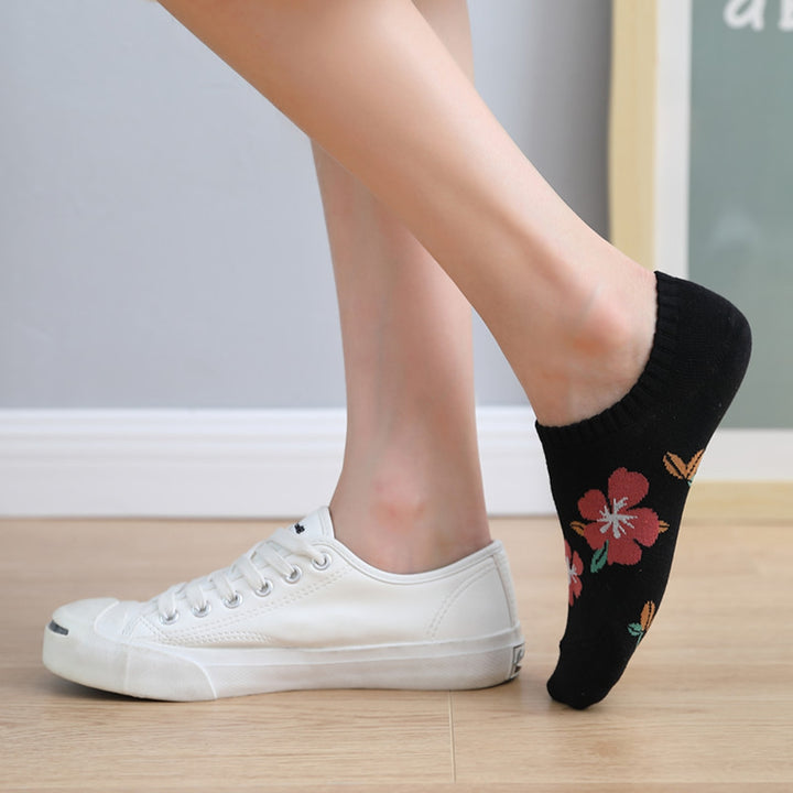 1 Pair Women Socks Low-cut Flower Print Shallow Mouth No Odor Sweat Absorption Thin Invisible Boat Socks Elastic Image 8