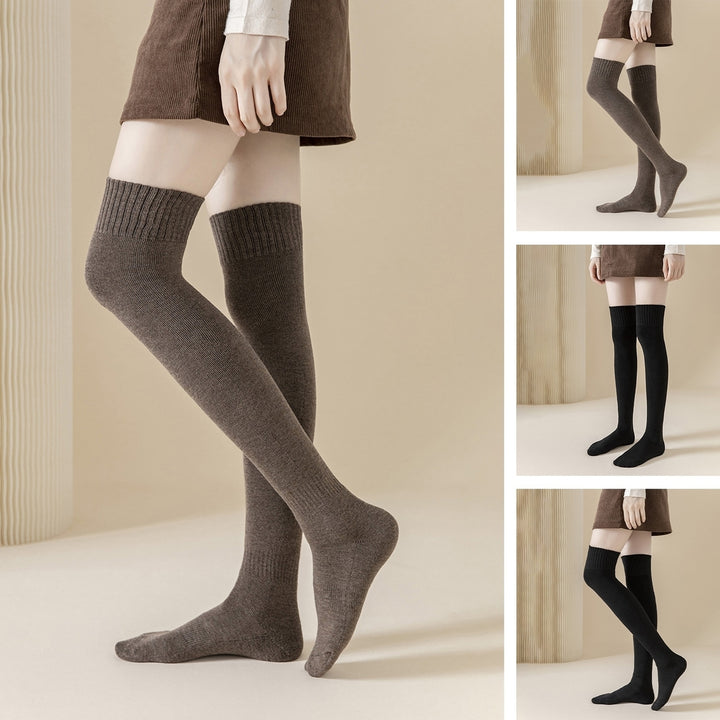 1 Pair Winter Stockings Over Knee Length Elastic Anti-slip Thick Warm Solid Color Soft Breathable Anti-shrink Thermal Image 1