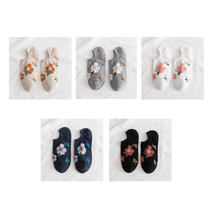 1 Pair Women Socks Low-cut Flower Print Shallow Mouth No Odor Sweat Absorption Thin Invisible Boat Socks Elastic Image 10