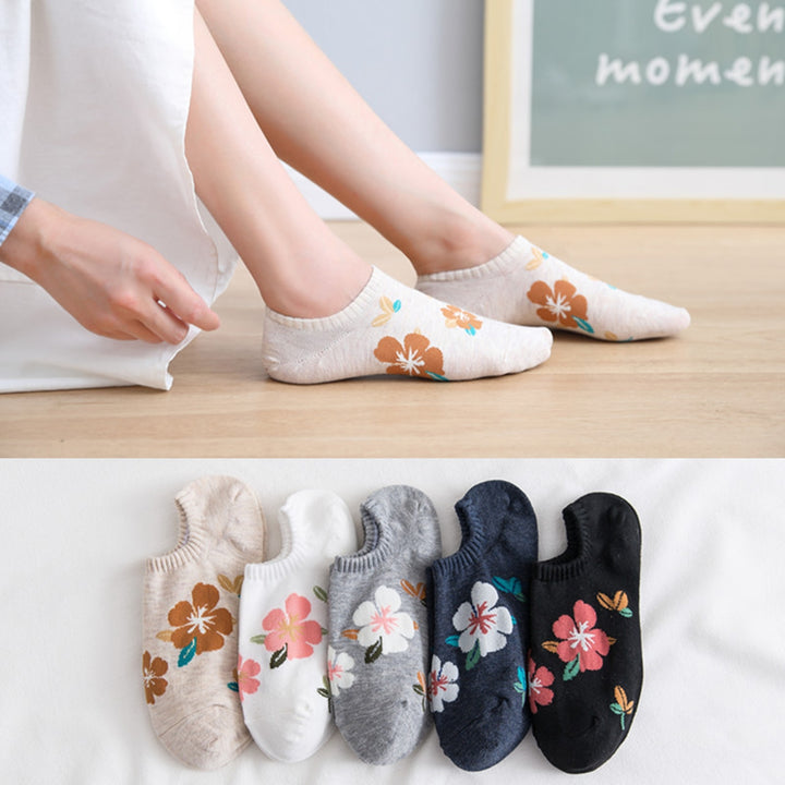 1 Pair Women Socks Low-cut Flower Print Shallow Mouth No Odor Sweat Absorption Thin Invisible Boat Socks Elastic Image 11