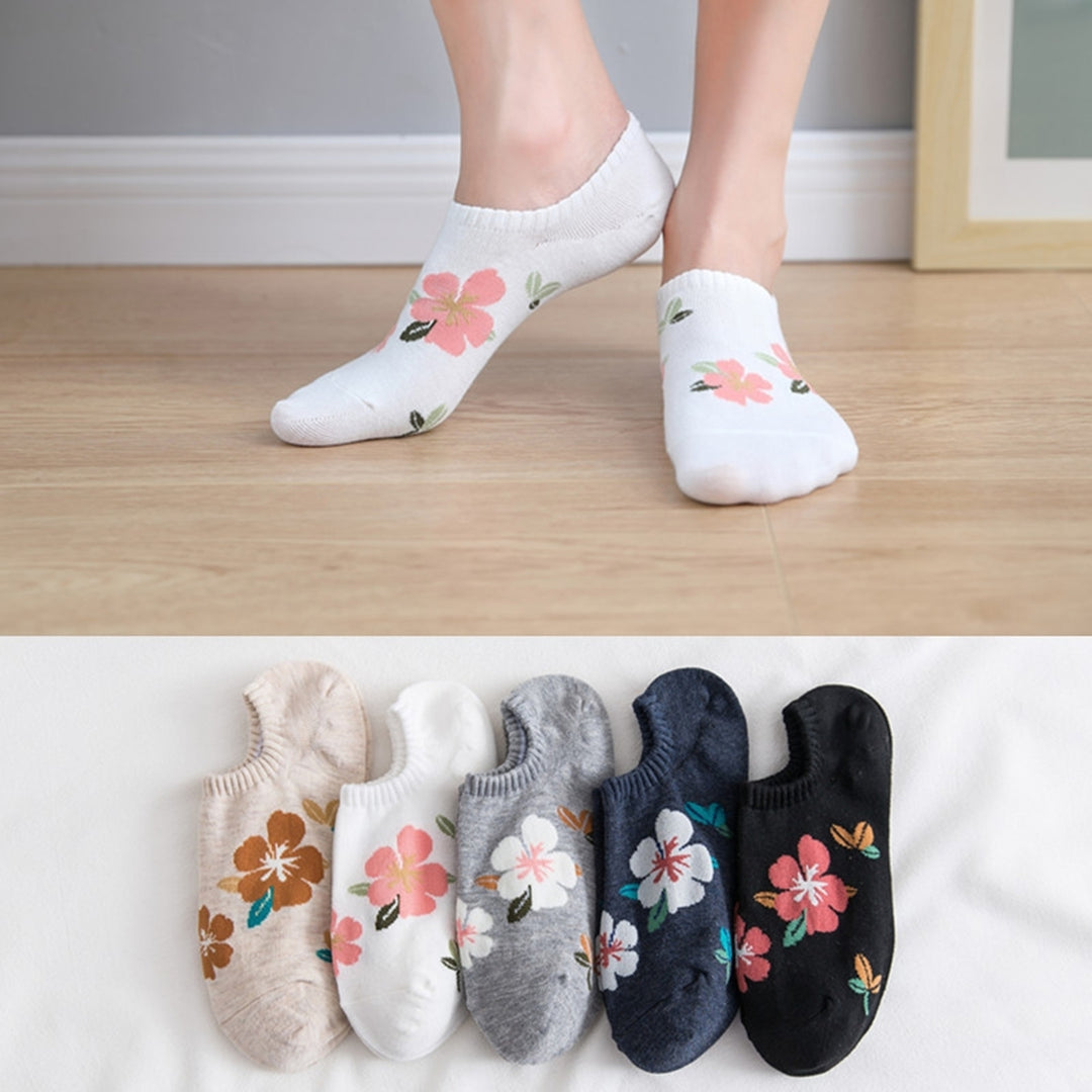 1 Pair Women Socks Low-cut Flower Print Shallow Mouth No Odor Sweat Absorption Thin Invisible Boat Socks Elastic Image 12
