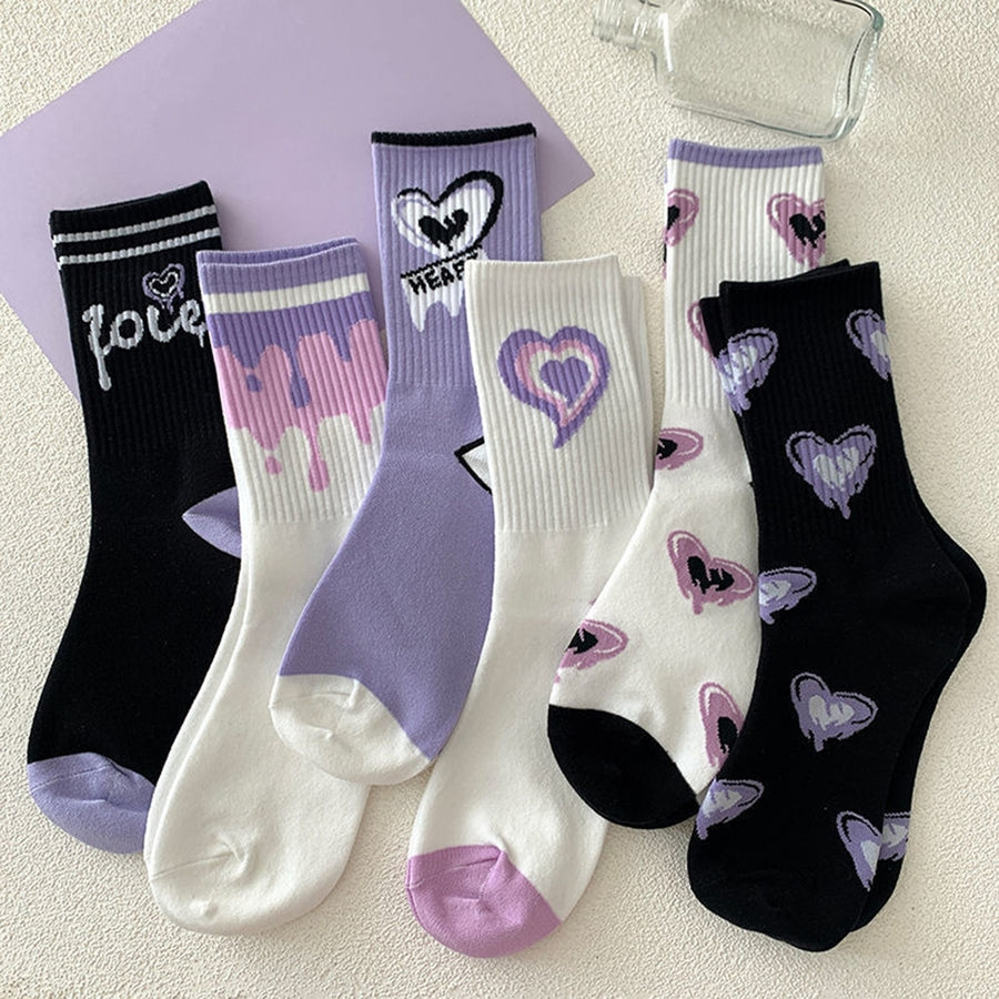 1 Pair Mid-calf Socks Korean Heart Embroidery Kawaii Hip Hop Color Matching Anti-slip Soft No Odor Image 1