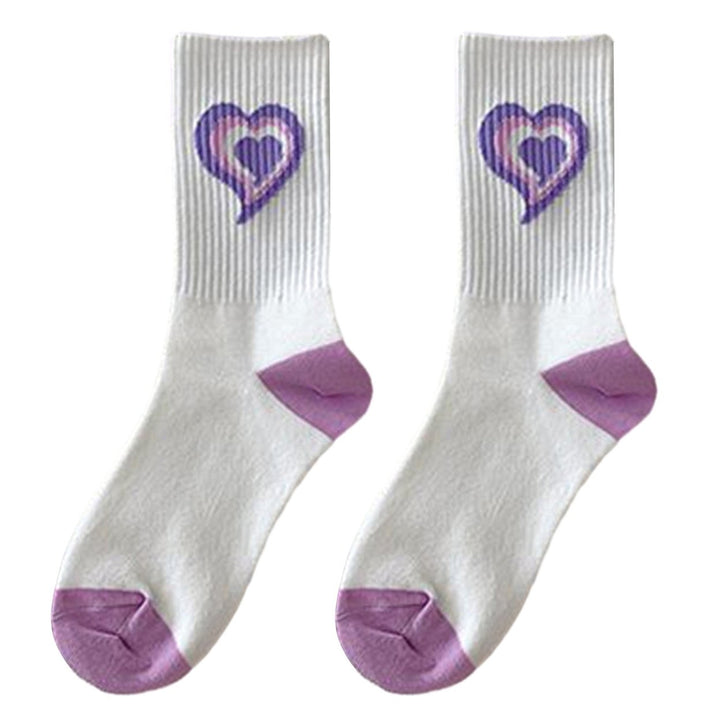 1 Pair Mid-calf Socks Korean Heart Embroidery Kawaii Hip Hop Color Matching Anti-slip Soft No Odor Image 3