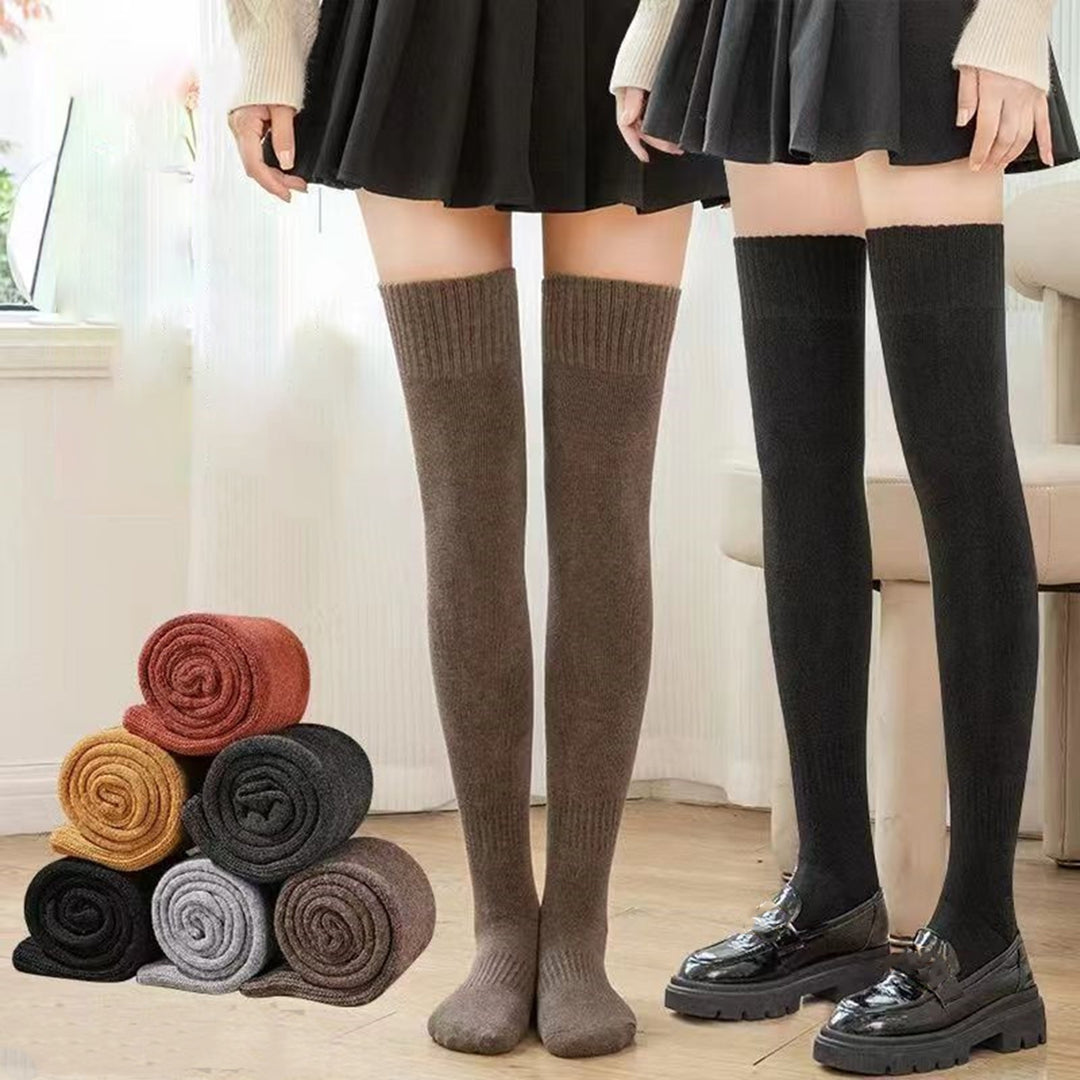 1 Pair Winter Stockings Over Knee Length Elastic Anti-slip Thick Warm Solid Color Soft Breathable Anti-shrink Thermal Image 8