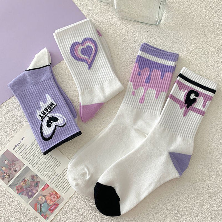 1 Pair Mid-calf Socks Korean Heart Embroidery Kawaii Hip Hop Color Matching Anti-slip Soft No Odor Image 8