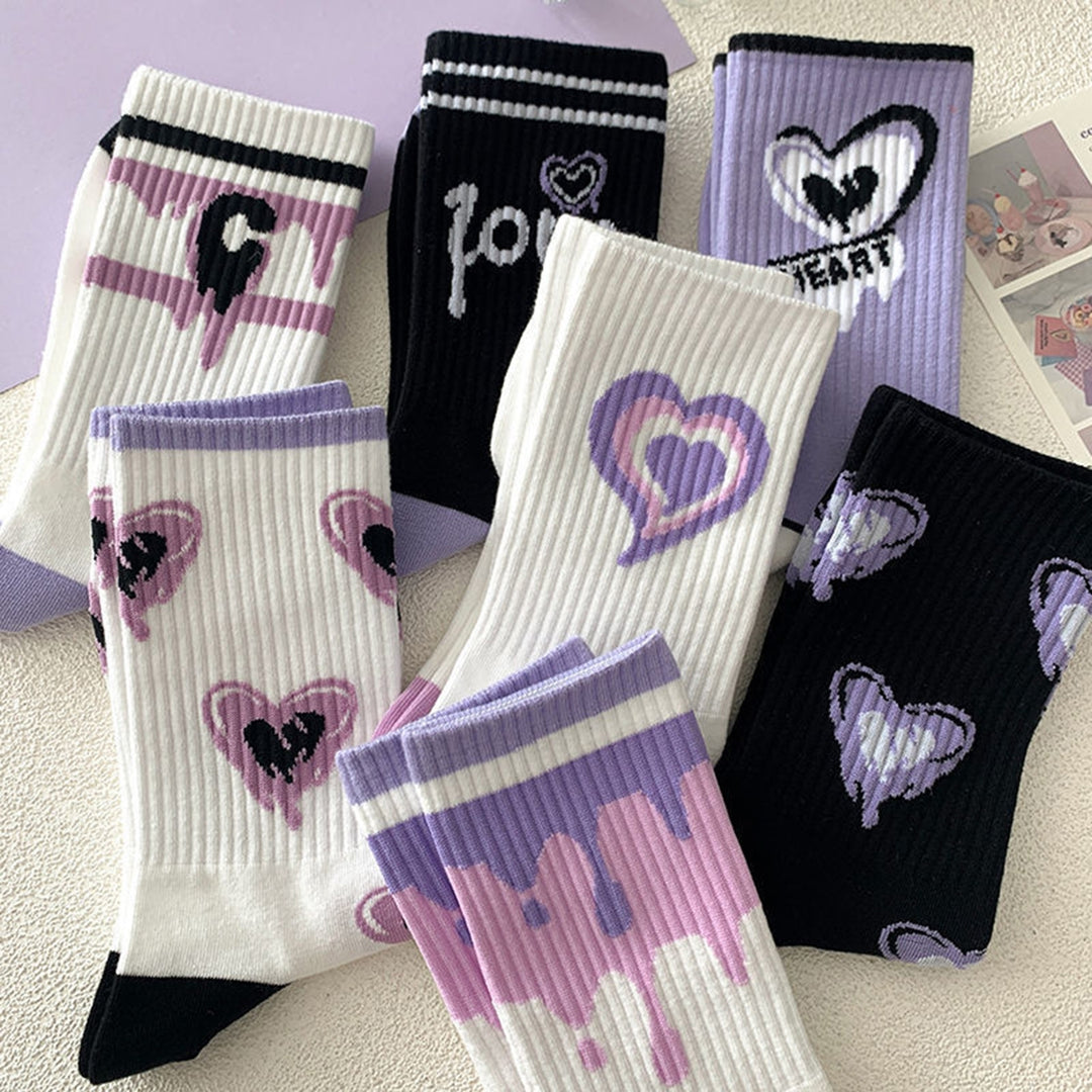 1 Pair Mid-calf Socks Korean Heart Embroidery Kawaii Hip Hop Color Matching Anti-slip Soft No Odor Image 9