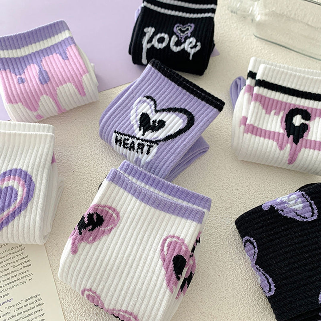 1 Pair Mid-calf Socks Korean Heart Embroidery Kawaii Hip Hop Color Matching Anti-slip Soft No Odor Image 10