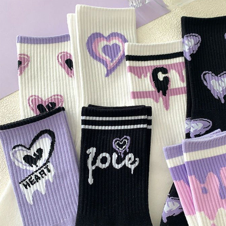 1 Pair Mid-calf Socks Korean Heart Embroidery Kawaii Hip Hop Color Matching Anti-slip Soft No Odor Image 12