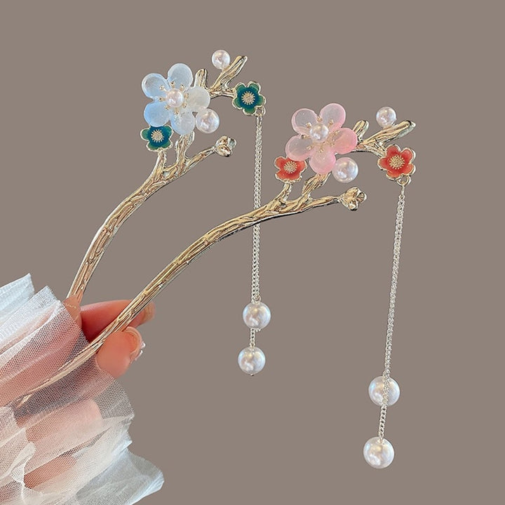 Faux Pearl Tassel Hair Stick Pin Flower Chinese Style Hair Chopstick Female Elegant Metal Hairpin for Buns Hair Image 1