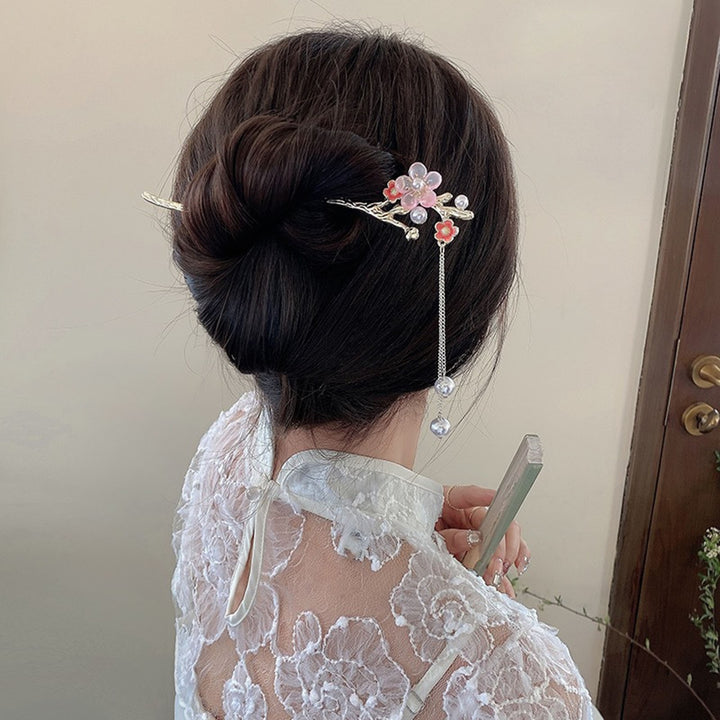 Faux Pearl Tassel Hair Stick Pin Flower Chinese Style Hair Chopstick Female Elegant Metal Hairpin for Buns Hair Image 7