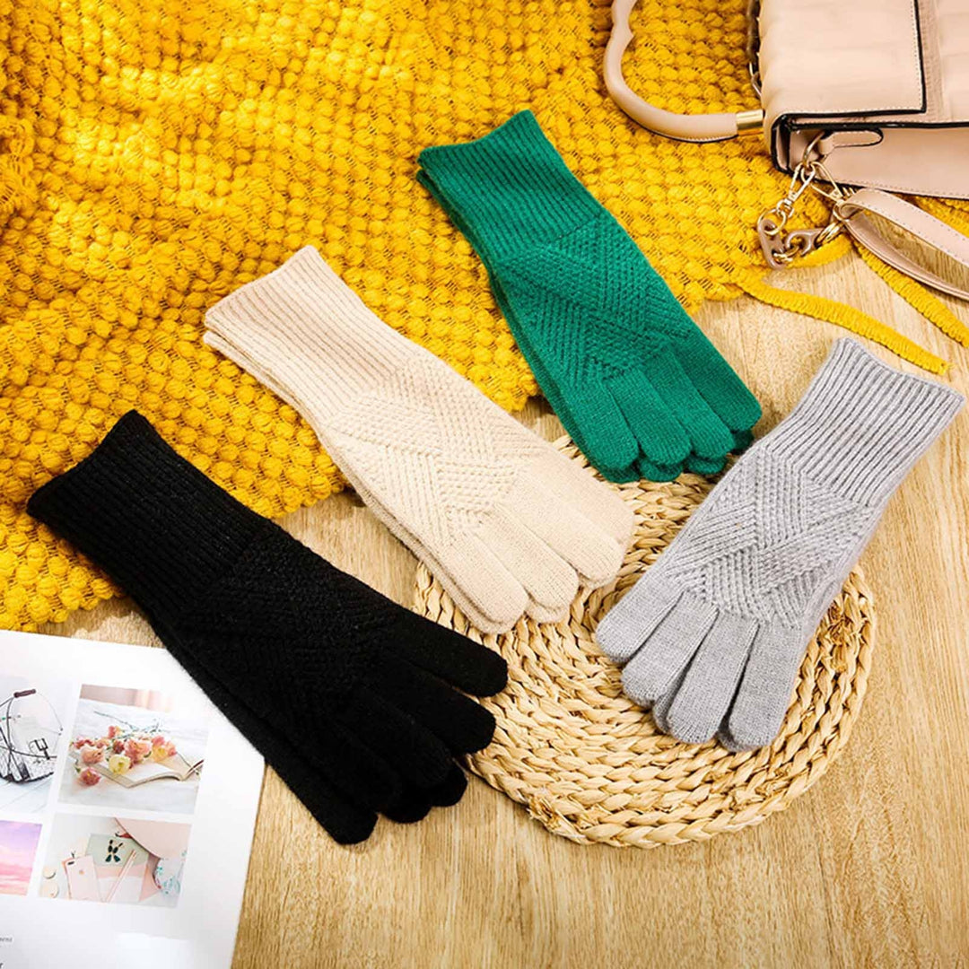 1 Pair Autumn Winter Women Lengthened Touch Screen Mittens Solid Color Jacquard Knit Split Full Finger Warm Gloves Image 6