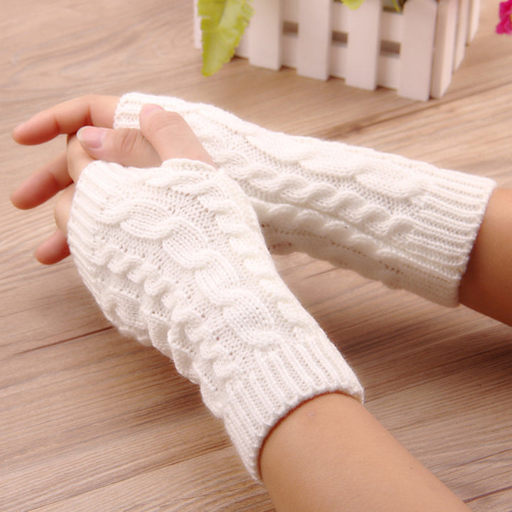 1 Pair Women Winter Gloves Crochet Knitting Mittens Warm Half Fingers Solid Color Elastic Anti-slip Image 10