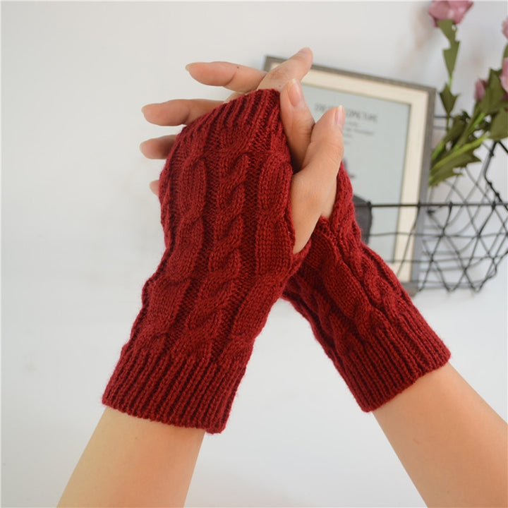 1 Pair Women Winter Gloves Crochet Knitting Mittens Warm Half Fingers Solid Color Elastic Anti-slip Image 11