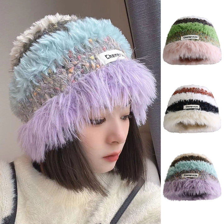 Women Winter Hat Striped Color Matching Soft Plush Crochet Windproof Warm Thick Anti-slip Elastic Unisex Fisherman Hat Image 1