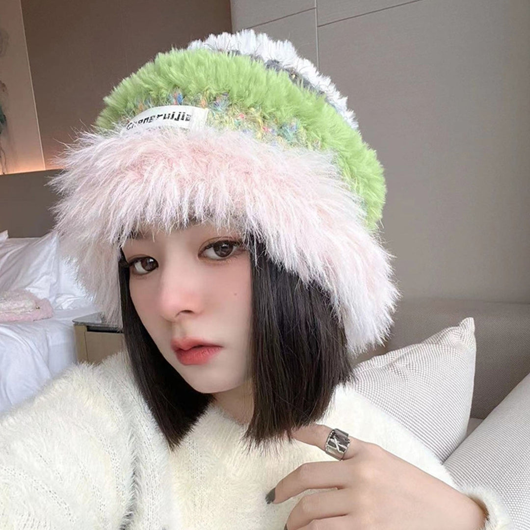 Women Winter Hat Striped Color Matching Soft Plush Crochet Windproof Warm Thick Anti-slip Elastic Unisex Fisherman Hat Image 4