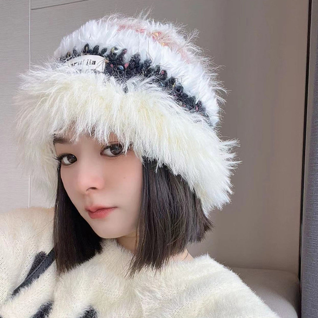 Women Winter Hat Striped Color Matching Soft Plush Crochet Windproof Warm Thick Anti-slip Elastic Unisex Fisherman Hat Image 6