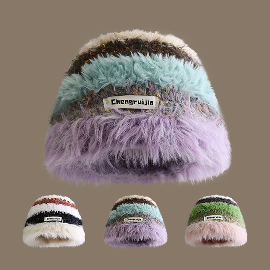 Women Winter Hat Striped Color Matching Soft Plush Crochet Windproof Warm Thick Anti-slip Elastic Unisex Fisherman Hat Image 10