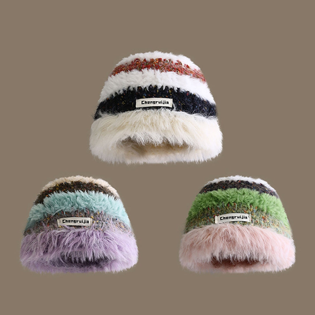 Women Winter Hat Striped Color Matching Soft Plush Crochet Windproof Warm Thick Anti-slip Elastic Unisex Fisherman Hat Image 11