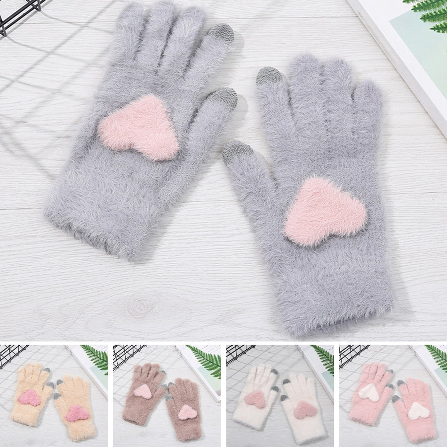 1 Pair of Women Winter Gloves Heart Pattern Full Finger with Touch-Screen Design Non-Slip Fashionable Warm Knit Mittens Image 1