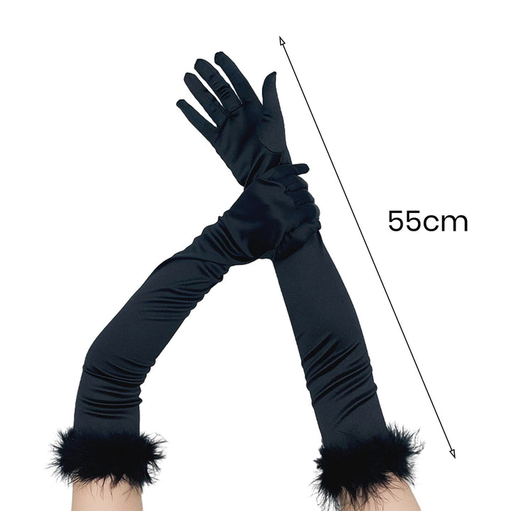 1 Pair Ladies Prom Party Gloves Satin Solid Color Soft Hair Decor Fiver Fingers Soft Breathable Over Image 9