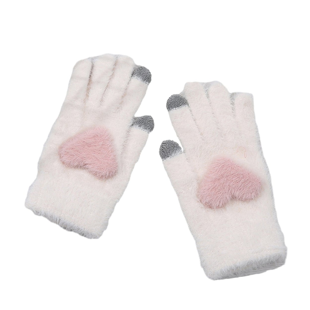 1 Pair of Women Winter Gloves Heart Pattern Full Finger with Touch-Screen Design Non-Slip Fashionable Warm Knit Mittens Image 1