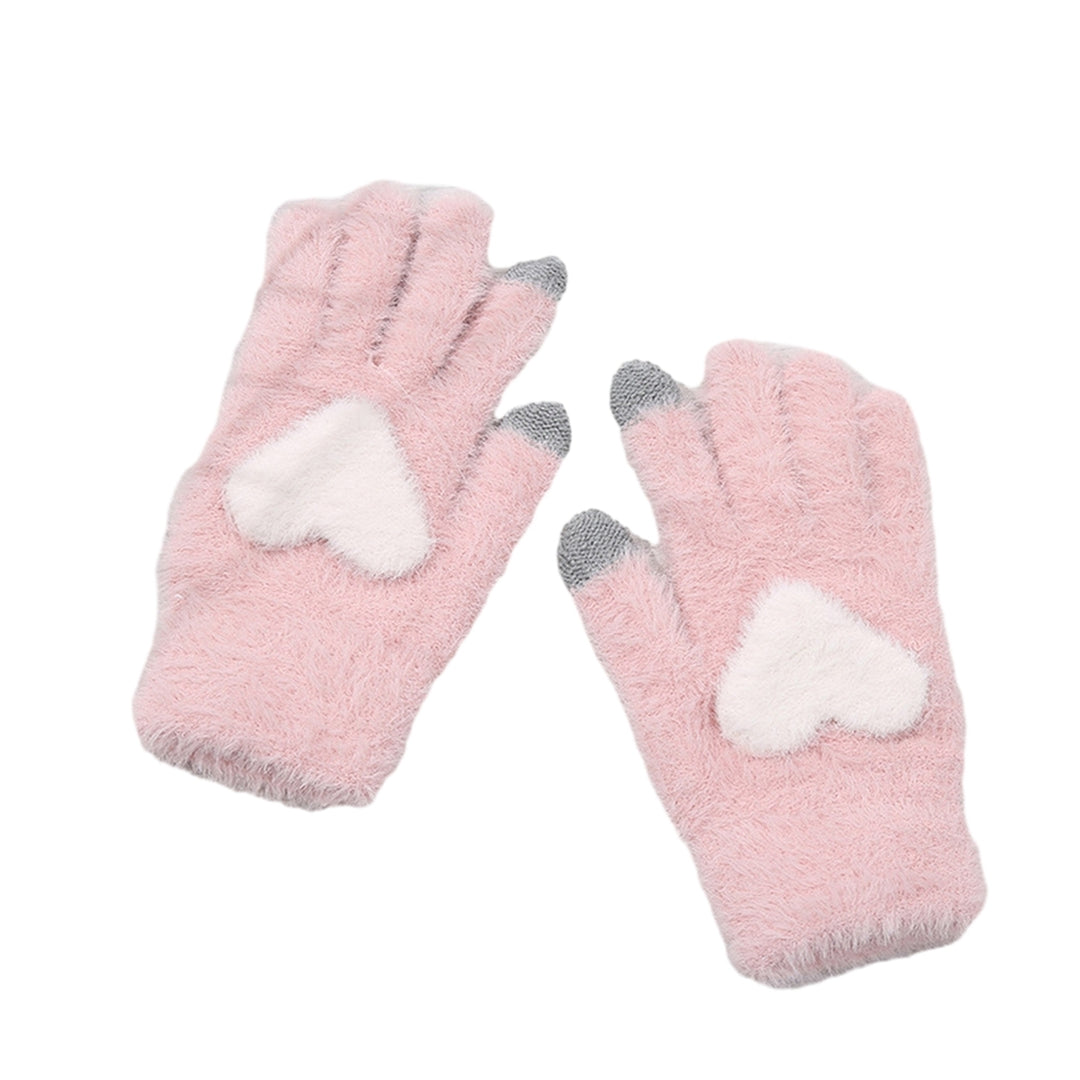 1 Pair of Women Winter Gloves Heart Pattern Full Finger with Touch-Screen Design Non-Slip Fashionable Warm Knit Mittens Image 4