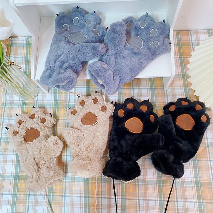 1 Pair Women Winter Embroidery Bear Paw Pattern Mittens Elastic Cuffs Thickened Plush Girls Ridding Image 7