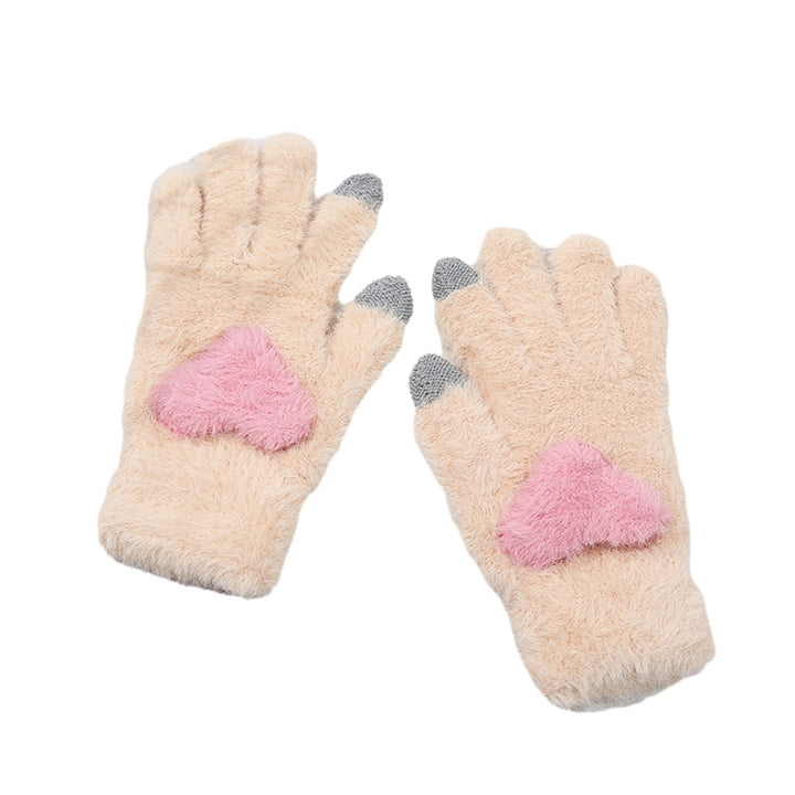 1 Pair of Women Winter Gloves Heart Pattern Full Finger with Touch-Screen Design Non-Slip Fashionable Warm Knit Mittens Image 4