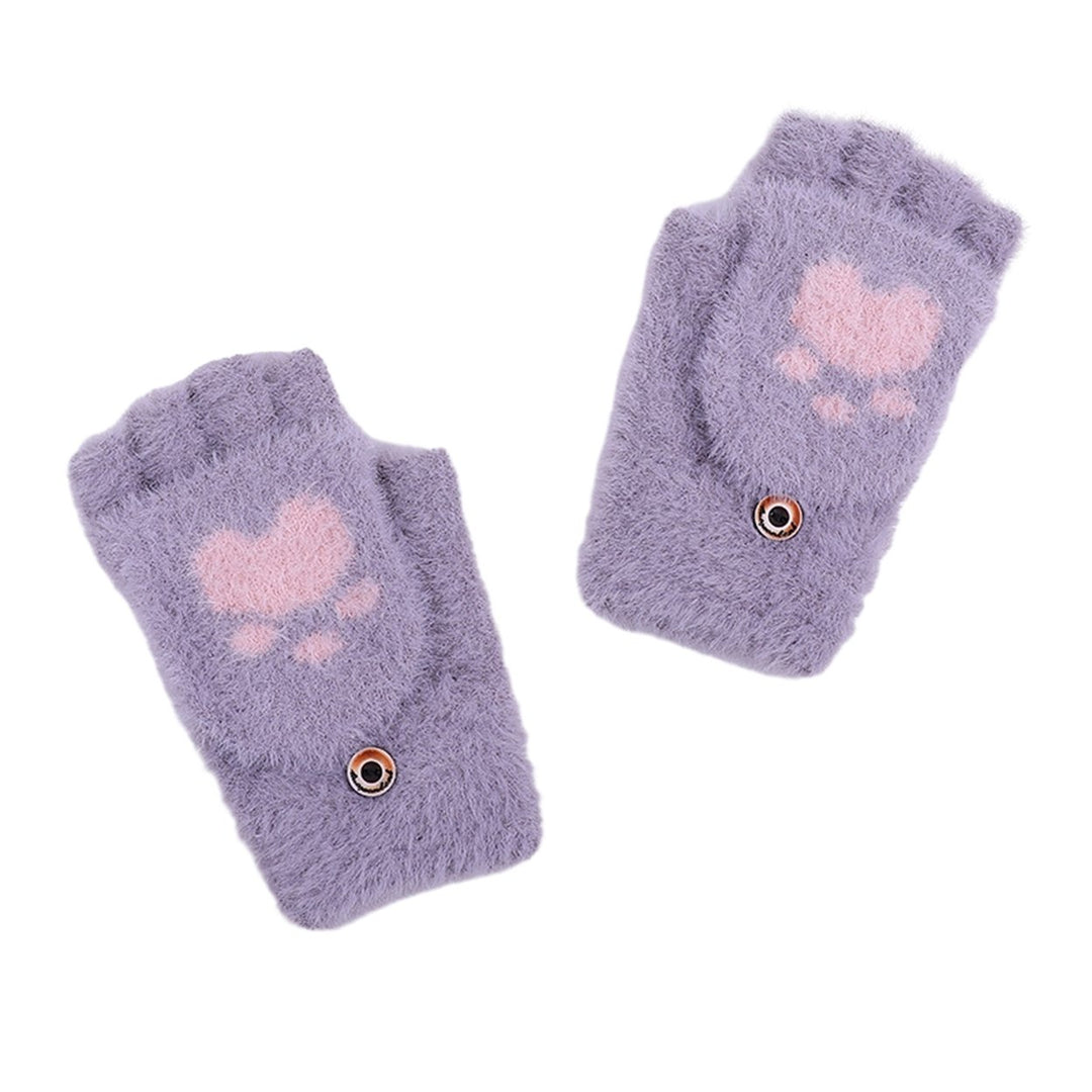 1 Pair of Fashion Gloves Cartoon Bear Paw Pattern Flap Design Warm Soft Knitted Gloves for Winter Outdoor Activities Image 1