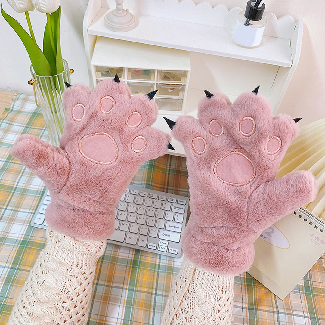 1 Pair Women Winter Embroidery Bear Paw Pattern Mittens Elastic Cuffs Thickened Plush Girls Ridding Image 9